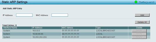 L3 Functions > ARP > Static ARP Settings The Static ARP Settings page provides information regarding Interface Name, including which IP address was mapped to what MAC address.