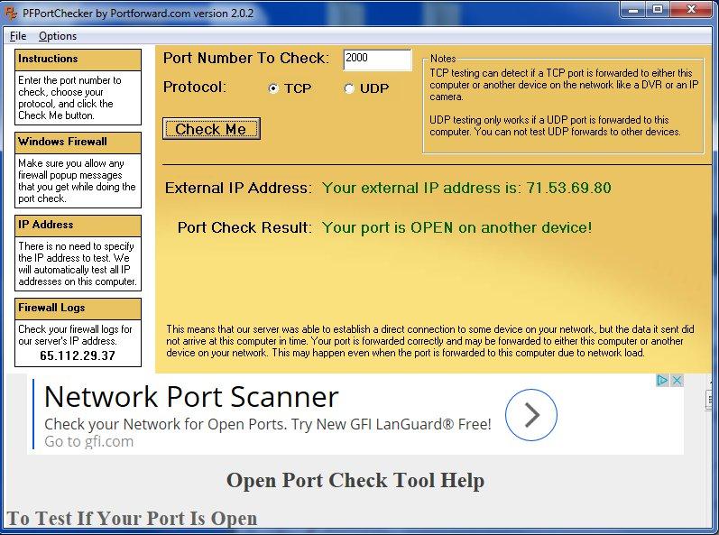 Press the Port Checker button and enter the port number the HCA Server is using (2000 unless you changed it) and then press the Check Me button.