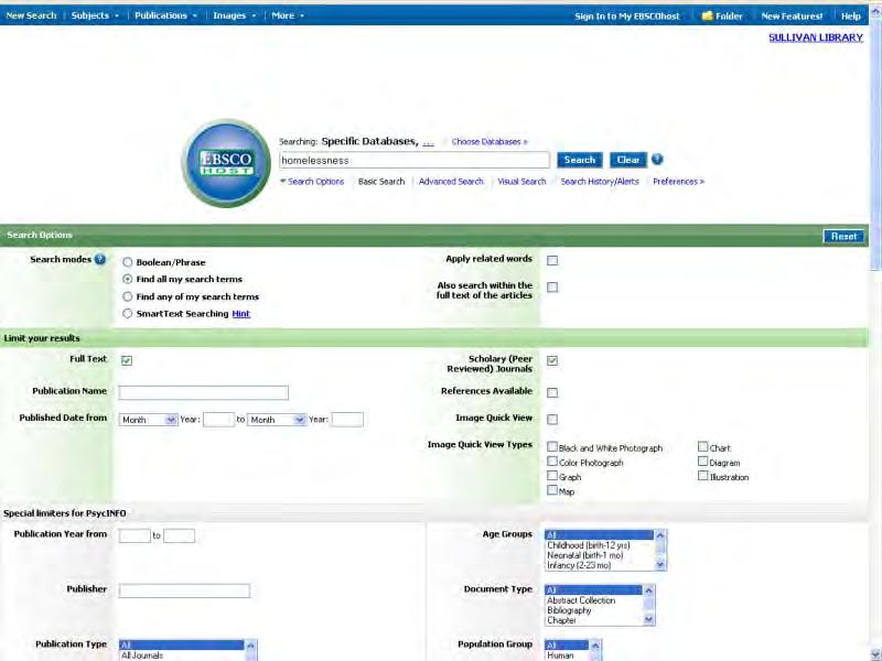 This is the basic search screen for databases hosted by Ebsco. We ll do a search for the term Homelessness.