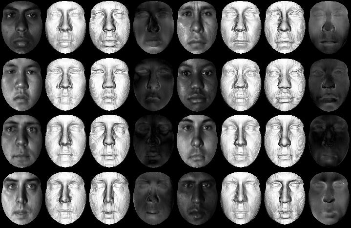 sixth column, facial shapes recovered via coupled 2D/3D space learning are shown, while their corresponding ground truths are given in the third and seventh column.