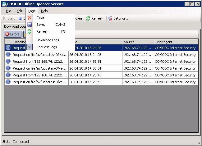 The Request Log window displays a list of download requests made by managed installations to the local update server.