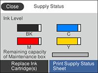 You see a screen like this: Note: The displayed ink and maintenance box levels are approximate. 3. For more information, select Print Supply Status Sheet.