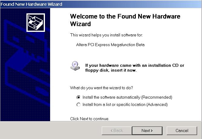 Using the Kit s Demo Application and Example Design File Figure 2 4. Found New Hardware Wizard Window 3.
