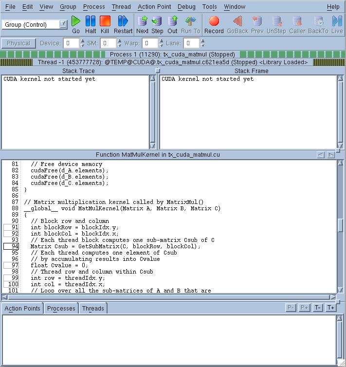 the GUI for CUDA debugging Debugging