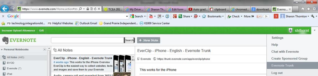 Evernote WebClipper Click on the drop down arrow next to your Username on the