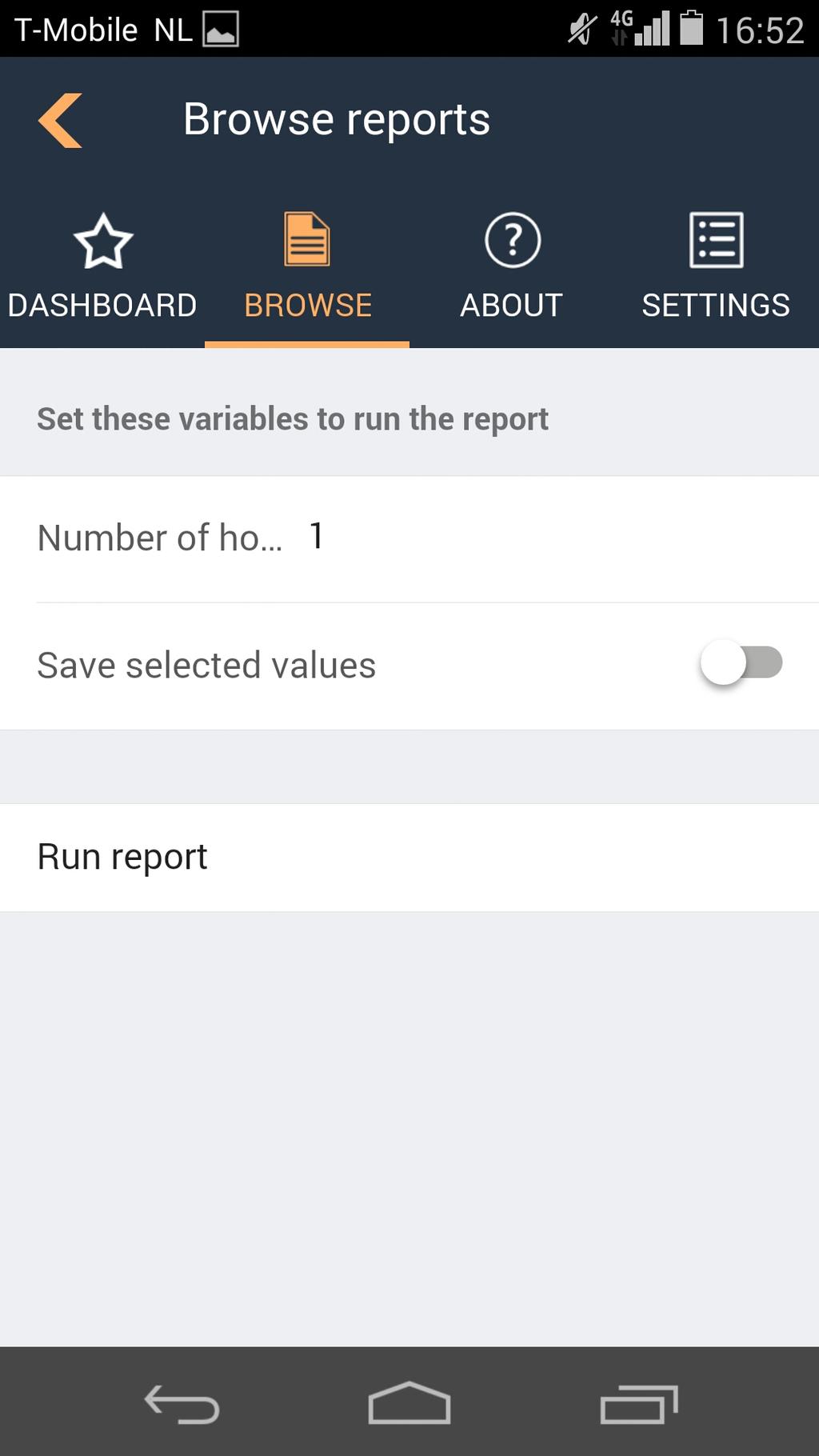Figure 17: Example: 'Created Reports in the Last Hours' report settings When [Run report] is tapped, the report will be run and the results will be displayed.