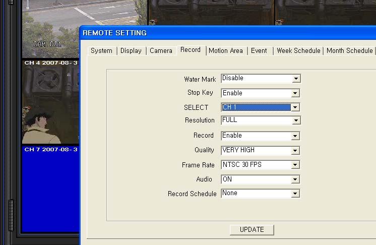 Select Ch: Channel Number Record: Disable, Manual, Schedule, and Event Quality: Very low, low, normal, high, and very high Frame rate: 1~30 FPS. Audio: ON/ OFF, it defines audio signal for a channel.