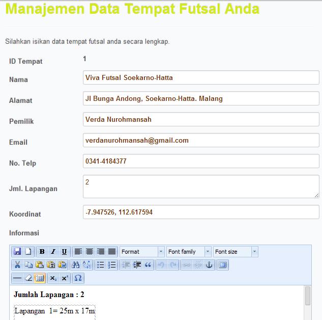 Futsal field tariff menu 3.