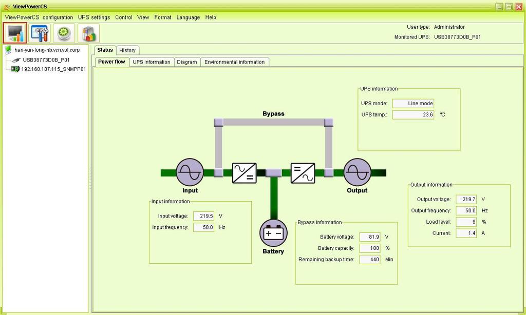 5.4. View 5.4.1. Status 5.4.1.1. Power Flow In the Power Flow window, it s shown the internal dynamic working scheme of the UPS. Green/black flow means OK and working.