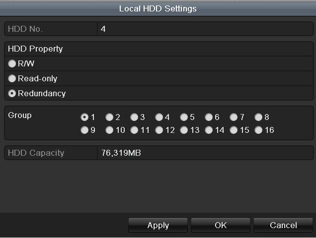 Step 2 Select the HDD and click 1) Set the HDD property to Redundant. to enter the Local HDD Settings interface.