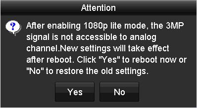 Figure 5 35 Attention Box Step 4 Click Yes to enable the function and reboot the device to have new settings taken effect. 5.12 Configuring 1080P Lite When the 1080P Lite Mode is enabled, the encoding resolution at 1080P Lite (real time) is supported.