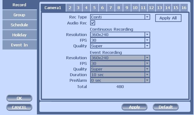 CH 3 How to Use 3-4-2. Record Configure and view Event In, Record, Group, Holiday settings 1) Record With this menu, you can set the recording variables of DVR and the Scheduler.