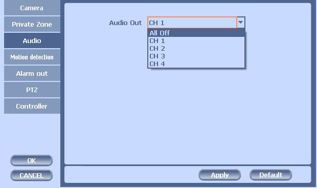 CH 3 How to Use 3) Audio Audio Out: Select which channel will be heard during Live View. 4) Motion Detection Change settings for Motion Grid selection and Sensitivity Level.