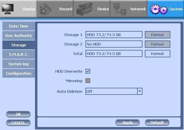CH 3 How to Use 3) Storage Display the information and usage of the hard disk drives. If you press the Format button on each HDD, only that HDD will be formatted.
