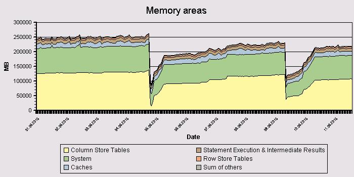 Resource Consumption: HANA Memory Allocation This chart gives an overview on how much memory is used by which content and the development in time shows when the host has
