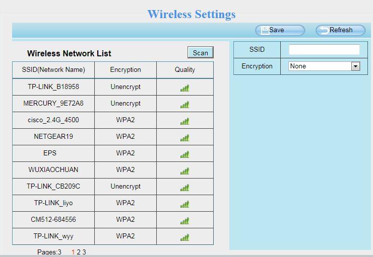 Click the Scan button and the camera will detect all wireless networks around the area. It should also display your router in the list. Click the Scan button to search for wireless networks.