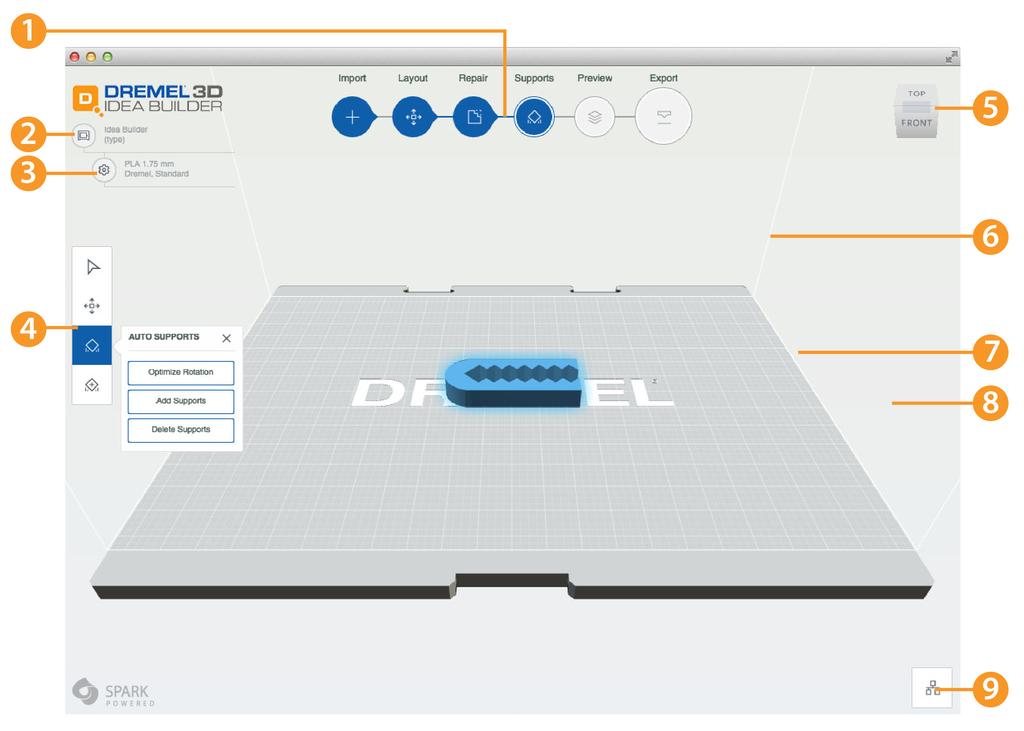 1. Prep bar. Click through the workflow steps to prepare your model for 3D printing. Skipping steps in the workflow causes Print Studio to perform those steps automatically. 2. Printers.