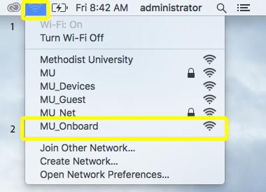 MacBook Note: If connected to a Methodist University SSID, then disconnect and forget the connection (refer to the bottom of p. 39-40) before continuing. 1.