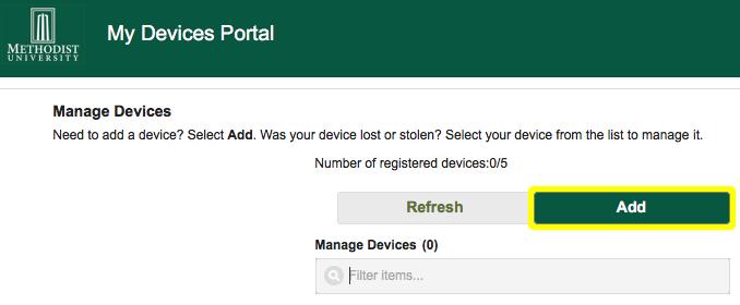 5. The Manage Devices screen allows one to view, delete, and add devices.