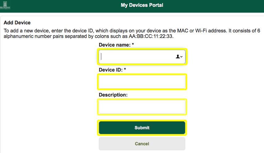 Enter the device name, device ID, and optional description, then click Submit.