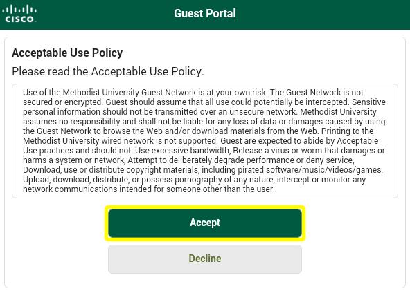 3. Open a web browser, if not automatically redirected to the Guest Portal page, then connect to http://www.methodist.edu to be redirected to the portal. 4.