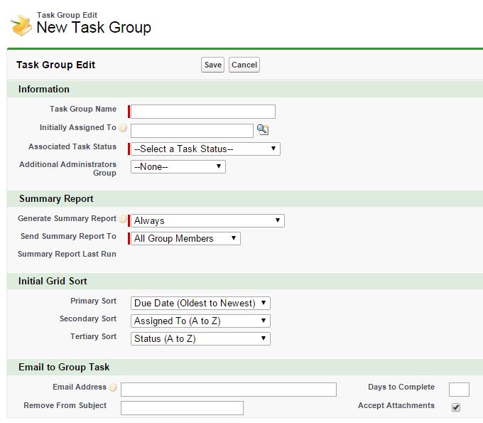 4. Configure the new Task Group fields and click Save. Task Group Name: Enter a name that identifies the group.