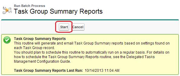 3. Click the Start button to initiate the Task Group Summary Report batch process.