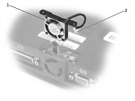 Back-Panel Fan (V740 Only): Dell Latitude V710/V740 Service Manual 1 fan 2 fan cable connector Replacing the Back-Panel Fan 1. Slide the fan into the bottom case. 2. Tuck the fan cable under the bottom case, and connect the cable to the system board.