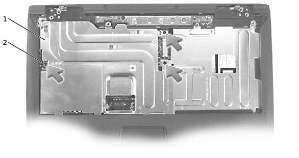 EMI Shield, Video Board, and Palm Rest: Dell Latitude V710/V740 Service Manual 1 EMI shield 2 M2.