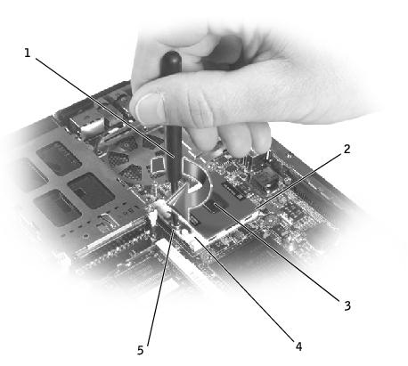 Microprocessor Module: Dell Latitude V710/V740 Service Manual 1 screwdriver (perpendicular to microprocessor) 2 pin-1 corner 3 processor die (do not touch) 4 ZIF