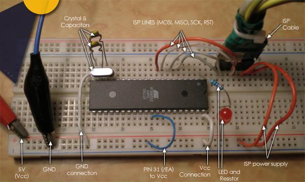 figure 3.2.B Note that the reset switch and R/C filter are not present on this breadboard, the reset functionality of the ISP cable was used instead.