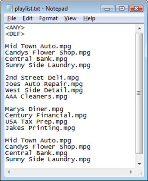 Section 5.0 Playlist Structure and Scheduling A simple playlist.txt schedule file is shown below. The playlist.