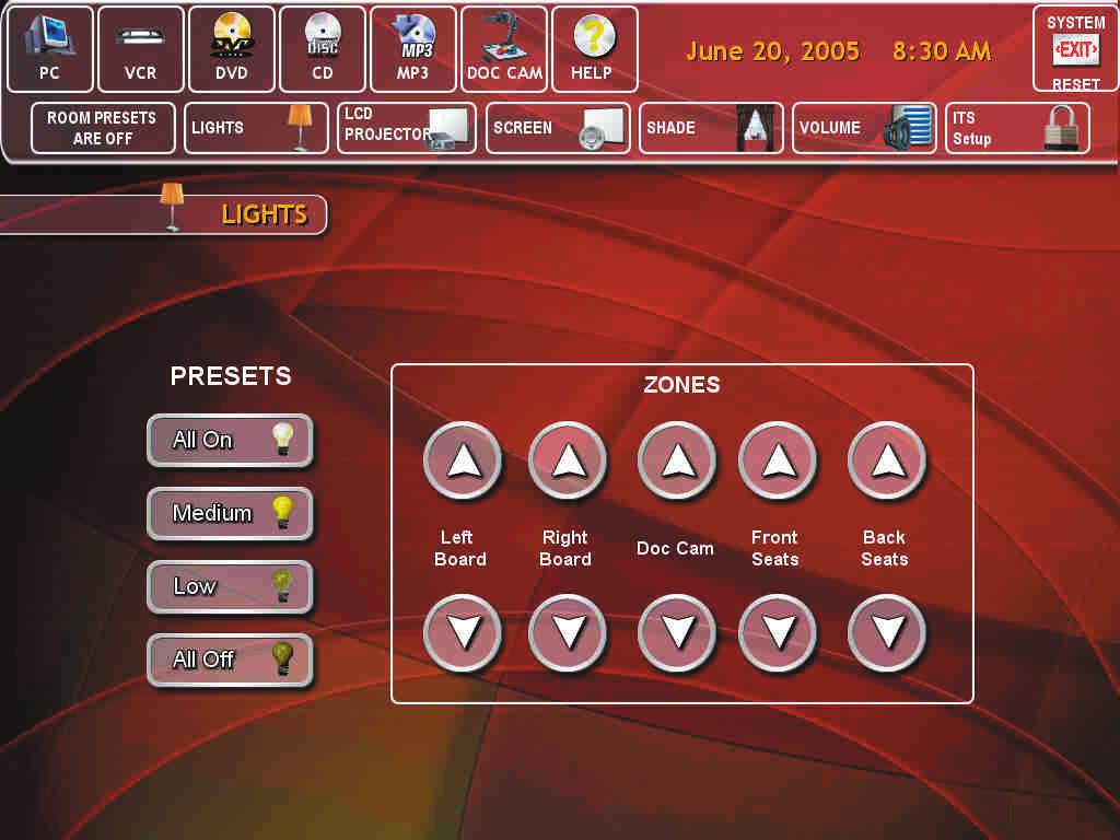 14 Lights Press here to use light controls. Light Presets Zone Controls This page controls the lights in the room.