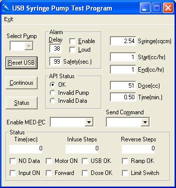 CHAPTER 9 RUNNING USB SYRINGE PUMP TEST PROGRAM Prior to running the USB Syringe Pump Test Program each pump must be connected to any available USB port on the computer.