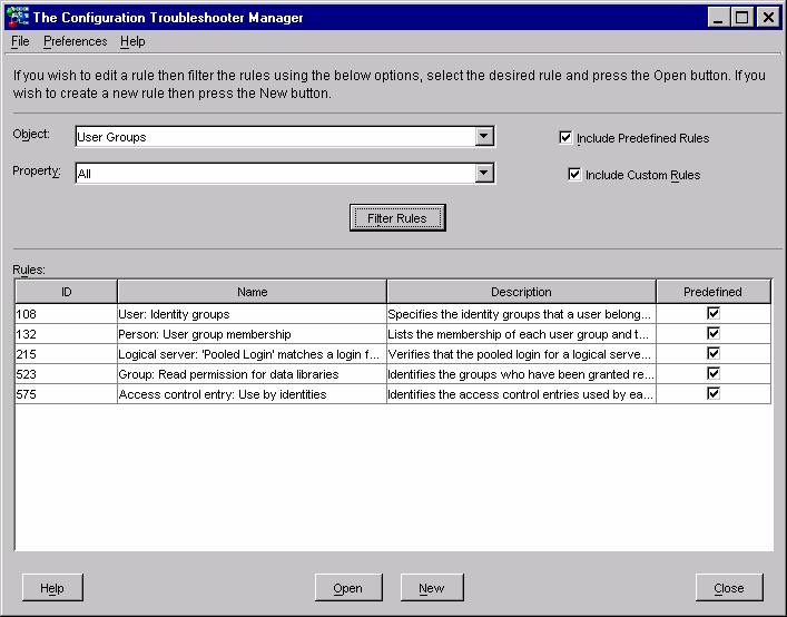 Display 24. Filtering Rules in the Configuration Troubleshooter Manager We can then choose File Models to create a model of our own that contains all of these rules.