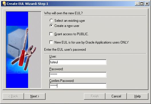 How to create a private EUL for the tutorial Use this wizard to create an EUL and a new database user.
