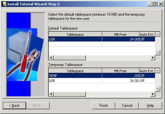 How to install the Discoverer tutorial Figure A 18 Install Tutorial Wizard: Step 3 dialog 9. Click Finish, Discoverer Administrator displays the Commit Status dialog.