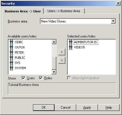 Lesson summary 3. Move the VIDEO5 database user from the Available list to the Selected list. Figure 4 6 Security dialog: Business Area->User tab Lesson summary 4.