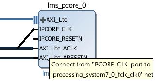 (s) Hover the mouse pointer over the IPCORE_CLK interface on the lms_pcore_0 block until the cursor changes to a pencil.