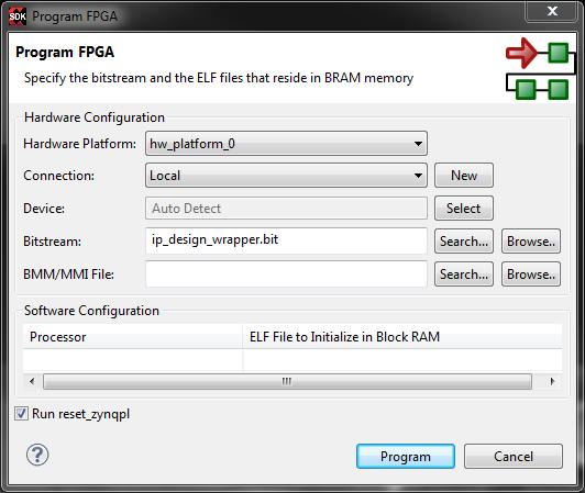 Exercise 5C: Creating an Audio Software Application in SDK (u) Select Xilinx Tools > Program FPGA from the Menu Bar. The Program FPGA window should be configured as in Figure 5.