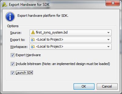 Exercise 1B: Creating a Zynq System in Vivado (t) The Export Hardware for SDK dialogue window will open. Ensure that the options to Include bitstream and Launch SDK are selected, as in Figure 1.