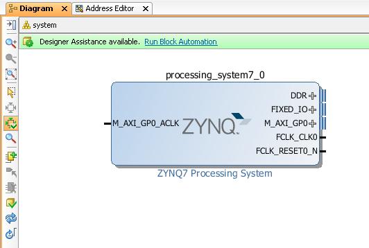 4. Either scroll down to the very bottom or search using the keyword zynq, then double click on ZYNQ7 Processing System. 5. The ZYNQ7 Processing System block has been placed in the block diagram view.