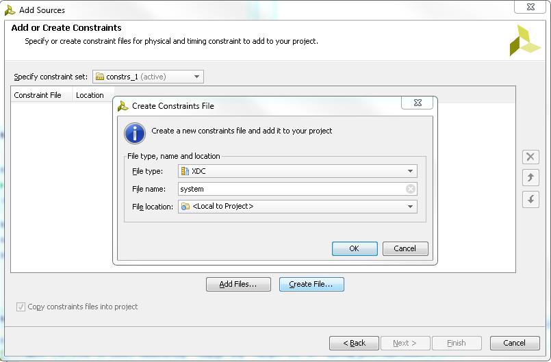 Figure 3-5: Adding a constraints file Notice the Sources pane now has system.xdc added under the constraints category.