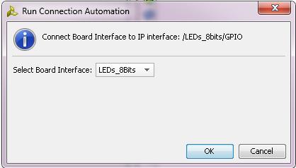 Figure 5-14: Automatically connecting the LEDs_8bits GPIO to external pins 22. Click on Run Connection Automation and select /leds_8bits/gpio. Select the board interface for LEDs_8bits. Click OK.