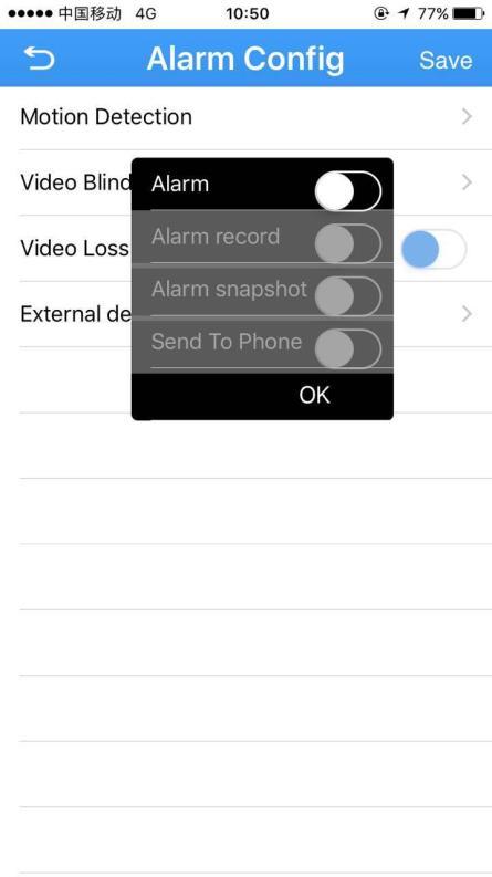 3.Alarm config: select alarm config, pop up window like 3.5d, when launching alarm, mobile client end can receive the alarm message.