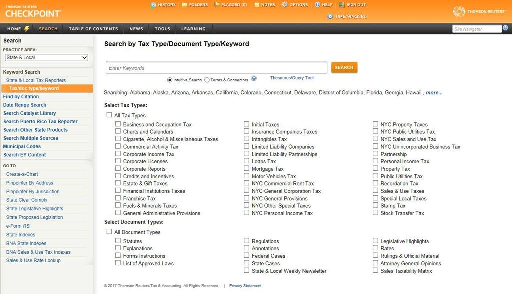 STATE TAX TYPES AND DOCUMENT TYPES State Tax Types and Document Types Using the State & Local search wizard, you can restrict your search to particular tax types and document types.