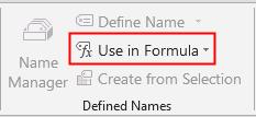 Besides, typing the entire name out in the formula or selecting from the Formula AutoComplete as shown previously, you can use Use in Formula command in the Defined Names group.