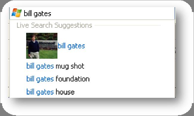 In Internet Explorer 8, search suggestions have been expanded. A search suggestion can be a string of words, a link, or a visual suggestion that includes an image.