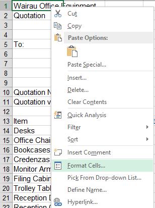 4 Right-click on cell A1. A drop down menu appears as shown below. 5 Choose Format cells The Format Cells dialog box is displayed. 6 Click on the Font tab.