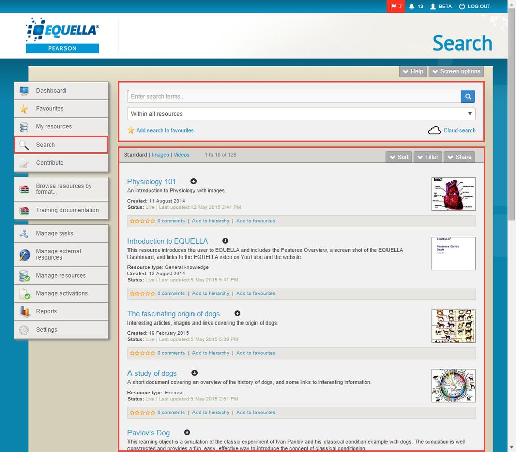 Figure 16 Search page with Search box and Results box The user can enter keywords in the search text box, and use the Within